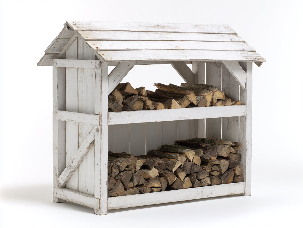 Abri à bûches - bois - 142 x 64 x 156 cm - blanc patiné - style chalet