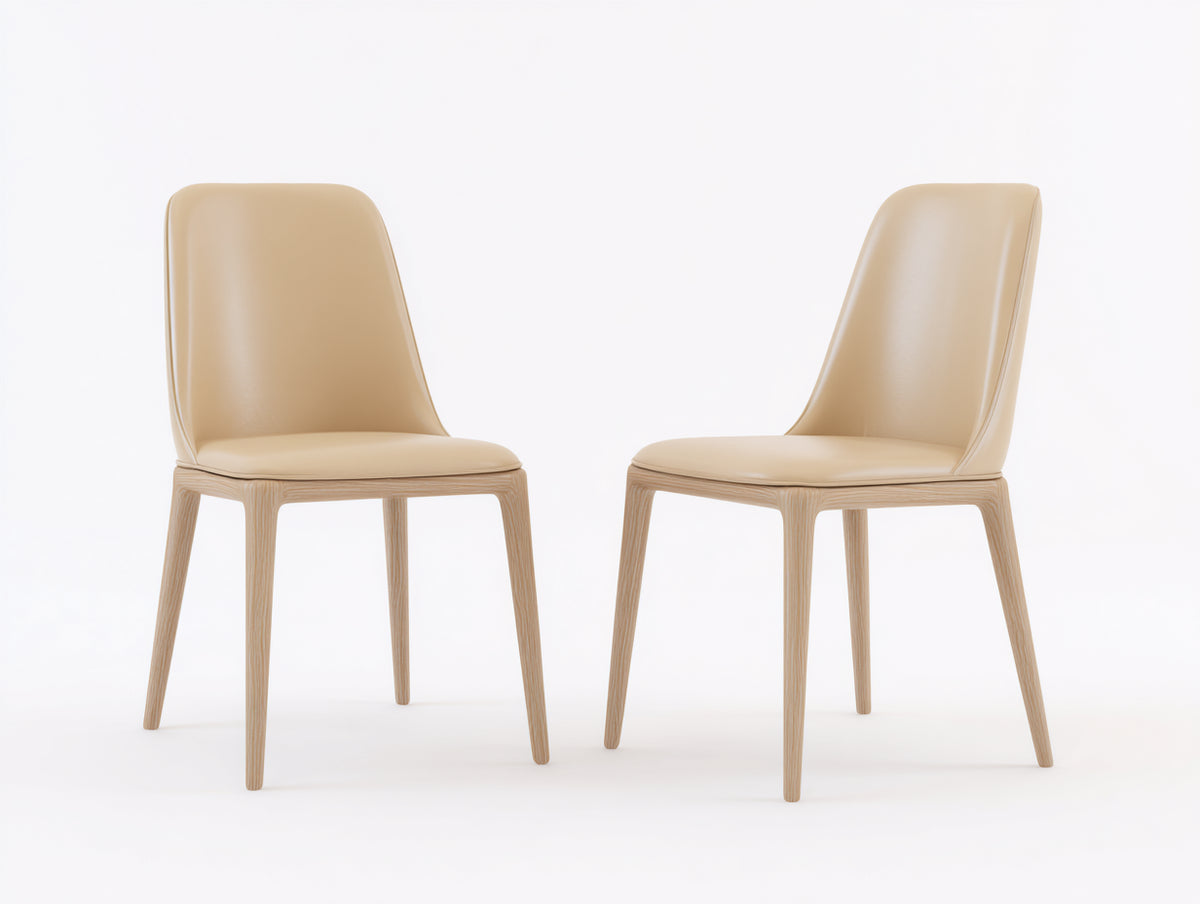 Chaise de salle à manger - Cuir-Bois - 50 x 58 x 90 cm - Beige clair-Bois naturel - Style contemporain minimaliste