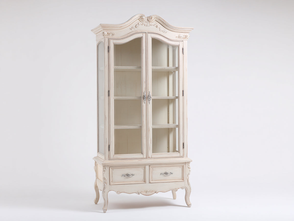 Vitrine - Bois-Verre - 92x44x190 cm - Blanc cassé-Transparent - Style baroque